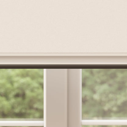 A close-up view of a window with a beige BlocOut blind partially lowered. The image highlights the handle and rubber seal of the blind. The window frame is light-coloured, and outside the window, there is a blurred view of green foliage.