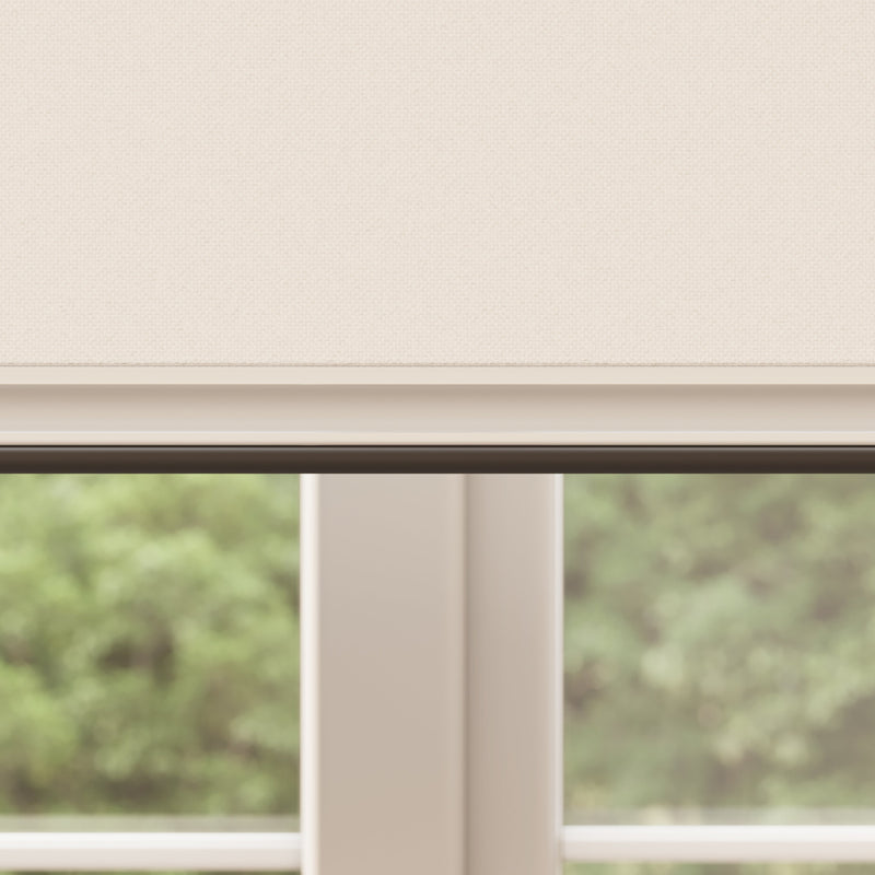 A close-up view of a window with a beige BlocOut blind partially lowered. The image highlights the handle and rubber seal of the blind. The window frame is light-coloured, and outside the window, there is a blurred view of green foliage.