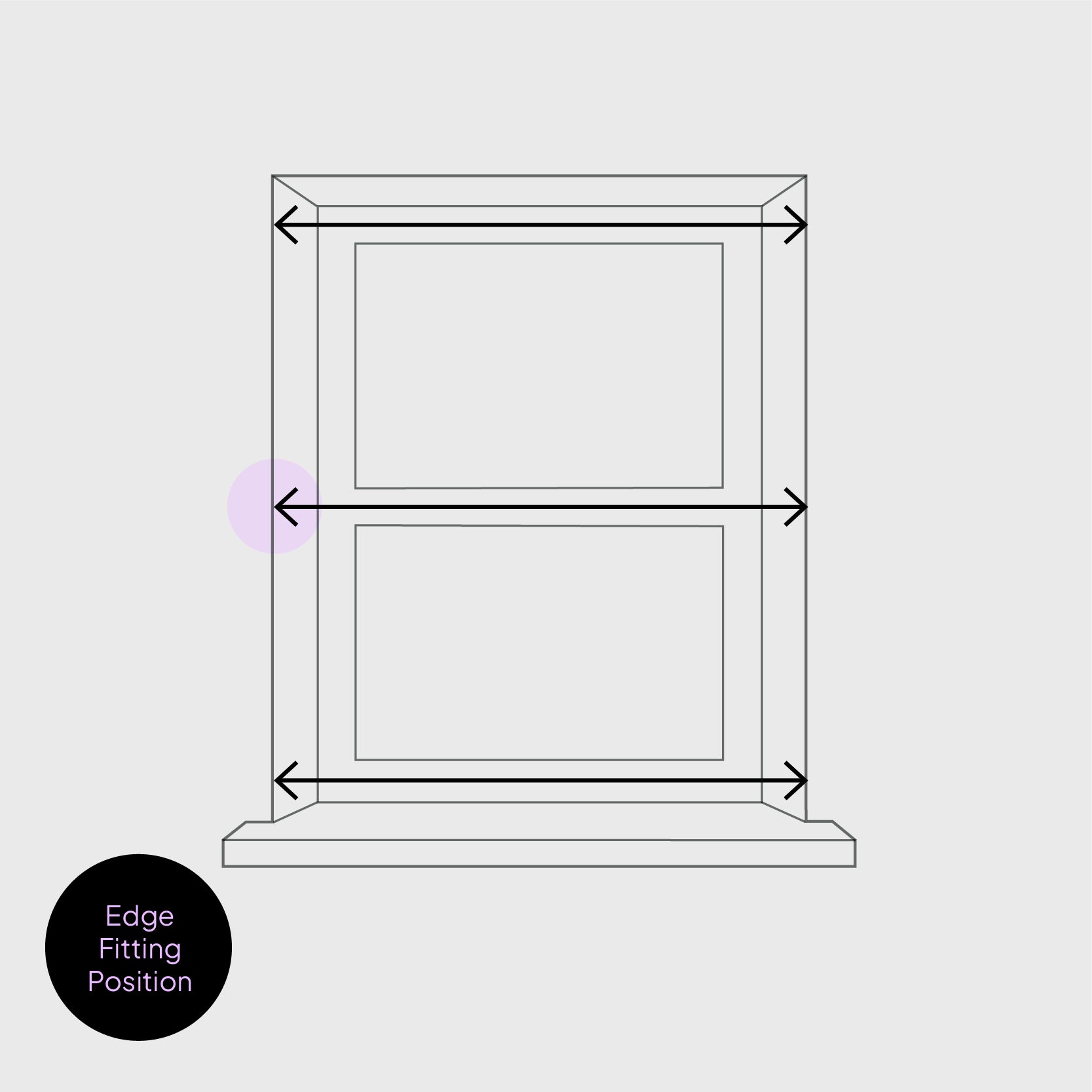 A diagram showing where to measure the width of a window, for a blind that will be installed in the edge fitting position.