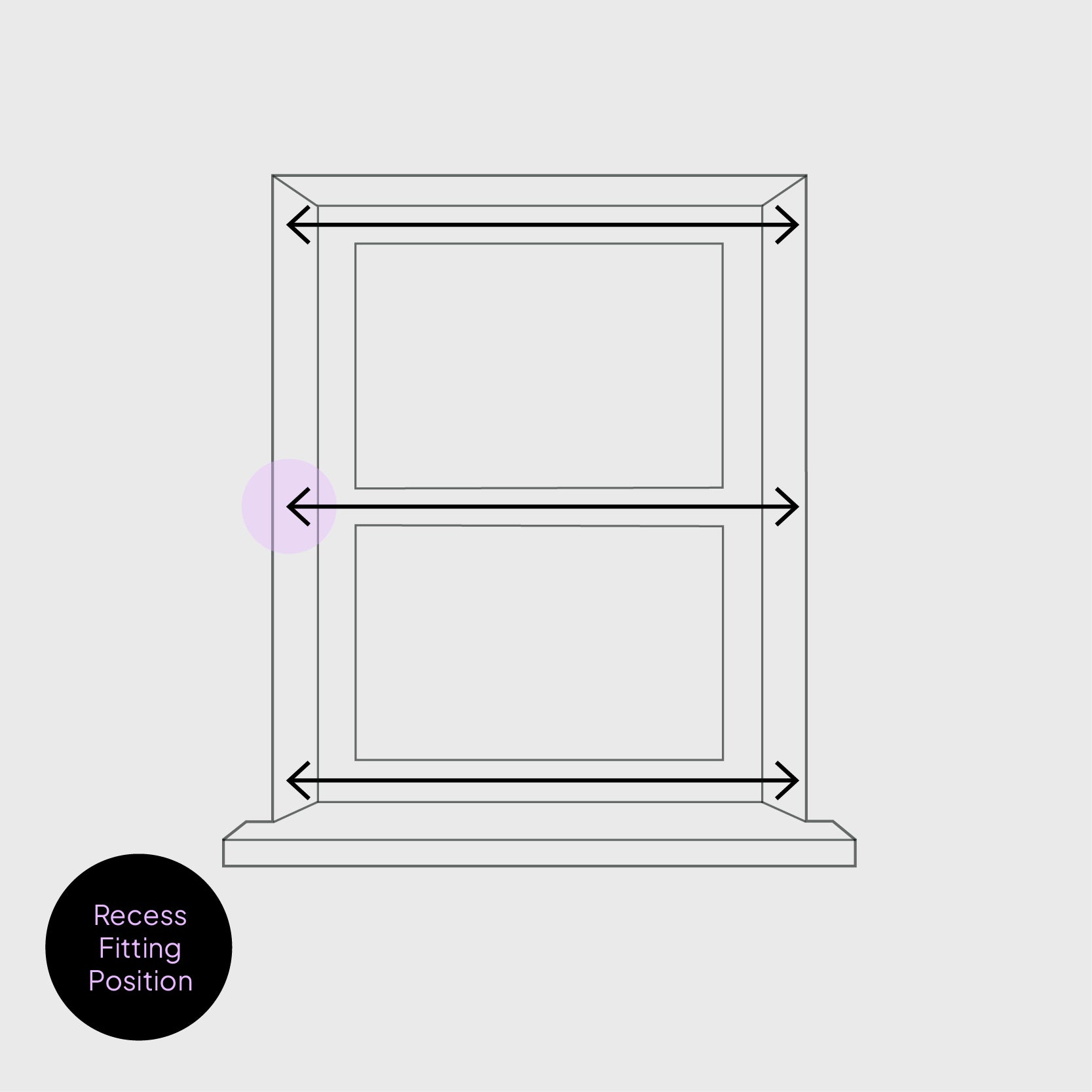 A diagram showing where to measure the width of a window, for a blind that will be installed in the recess fitting position.