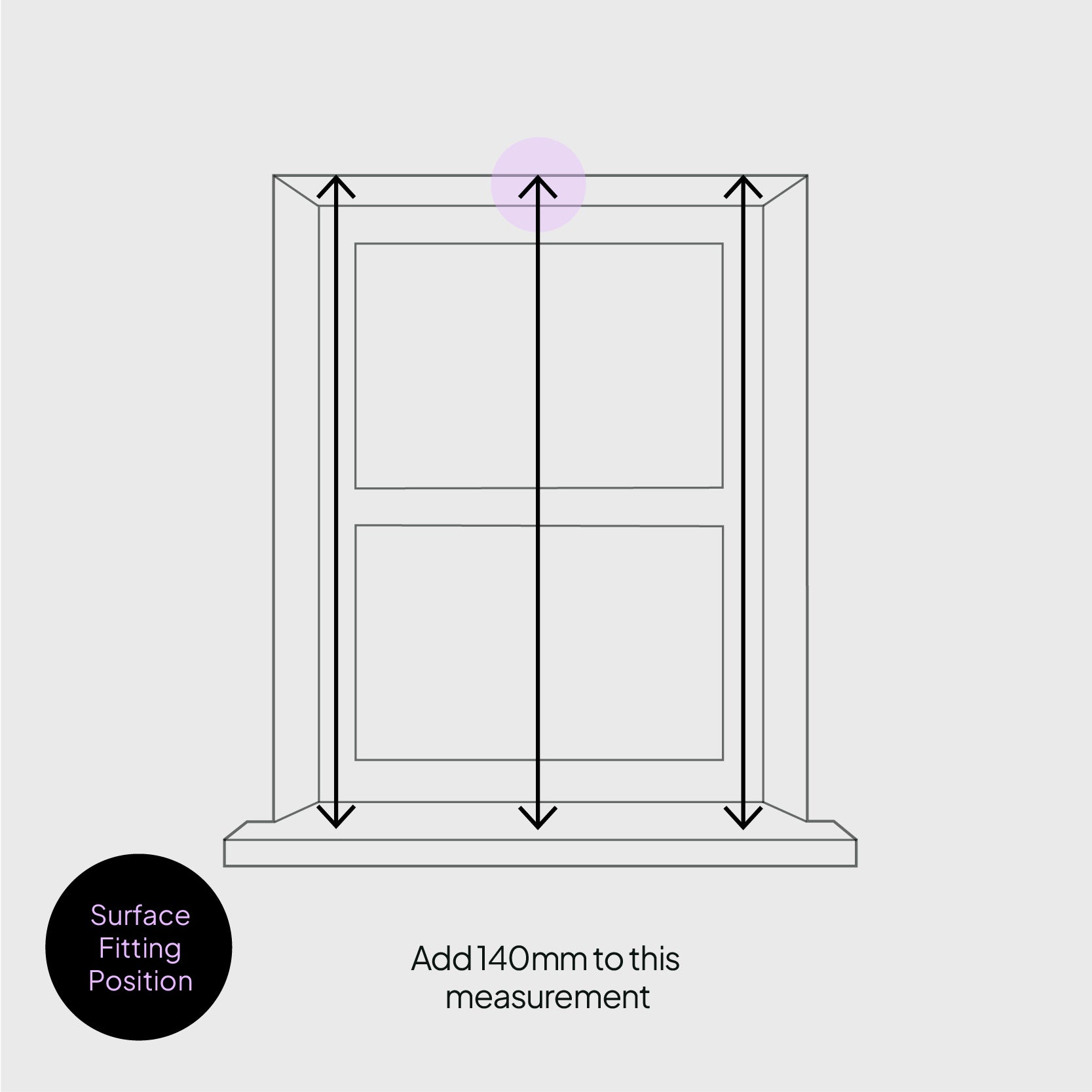 A diagram showing where to measure the height of a window, for a blind that will be installed in the surface fitting position.